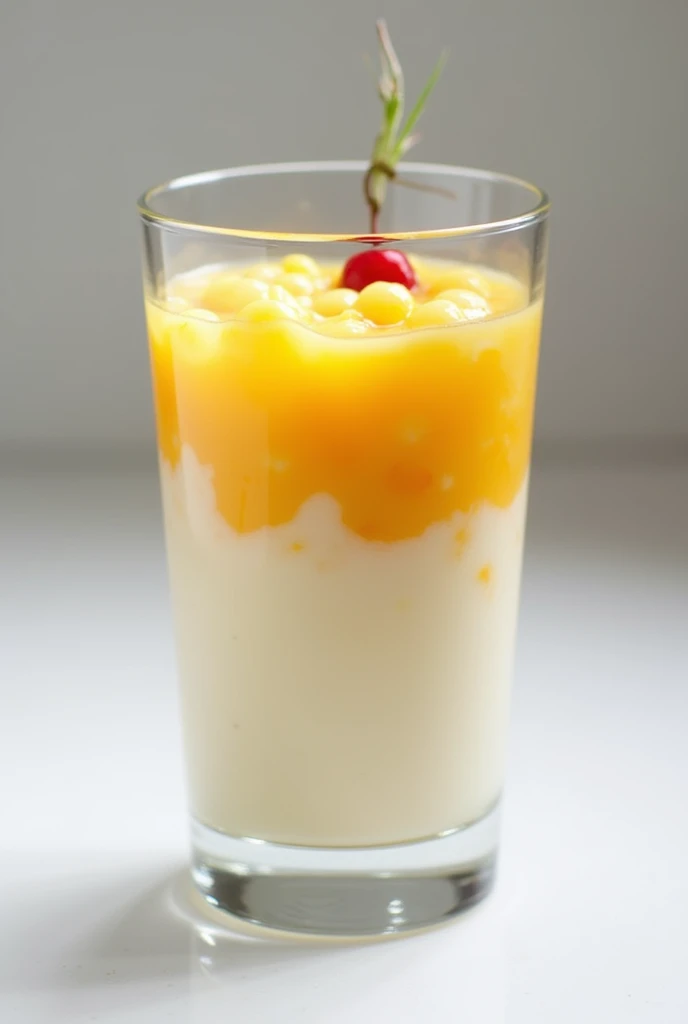 Corn milk cheese in the left of the glass fill 50% space and Cincau in the right of glass fill 50% space in 1 glass, the glass is not tall, make the indergridient more lookable and make it simpler