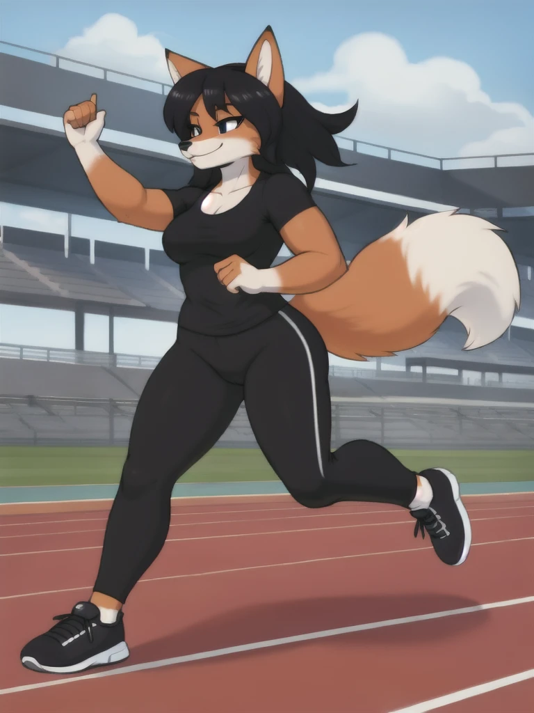 Furry, fox, female, black shirt, black leggings, shoes, running track, friends, full body