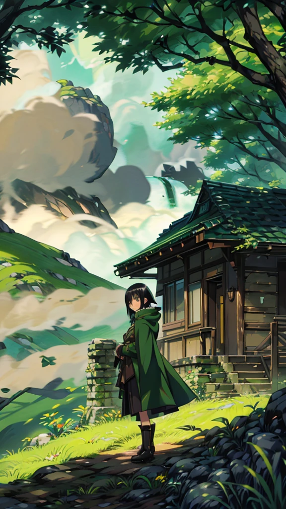 yuichiro hyakuya girl, (WithoutFear:1), 1 girl, black hair, green eyes, brown coat, gray armor, elves, sylvan, green shield, green cloak, dark brown gloves, forest, white fur trim, anime, standing, good quality, portrait, looking at viewer