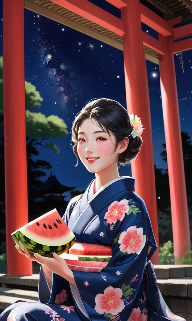 Taisho Romance A very beautiful Japanese woman in a kimono is sitting in the grounds of a shrine and eating a large watermelon nice smile Beautifully detailed eyes Night time Starry Sky summer night Summer in Japan