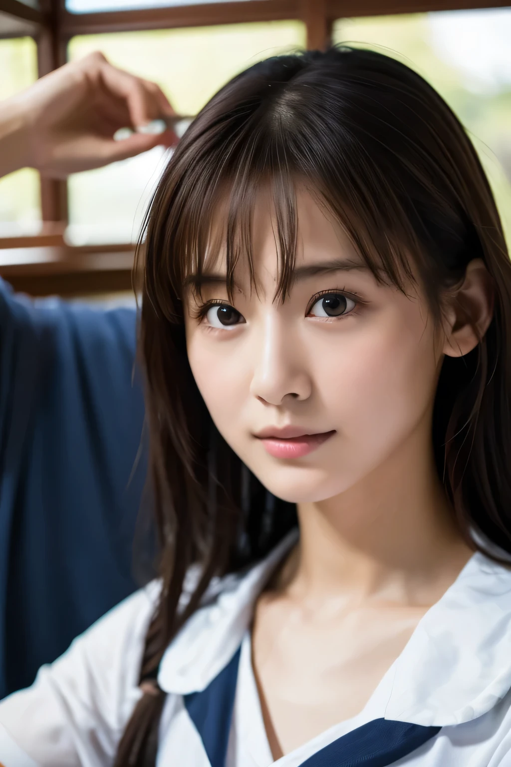 Beautiful girl washing her face, , (Highest quality:1.4), (Very detailed), (Very detailed美しい顔), sit, avert your eyes, smile, School uniforms, Short-sleeved sailor suit, Great face and eyes, iris, Medium Hair, The Beauty of Japan, (Skinny body type:1.3), (Flat Chest:1.3), Smooth, Very detailed CG synthesis 8k wallpaper, High-resolution RAW color photos, Professional photography, Light, BackLight, dream-like, impressive, Written boundary depth, Washroom, (Shooting from below:1.5)
