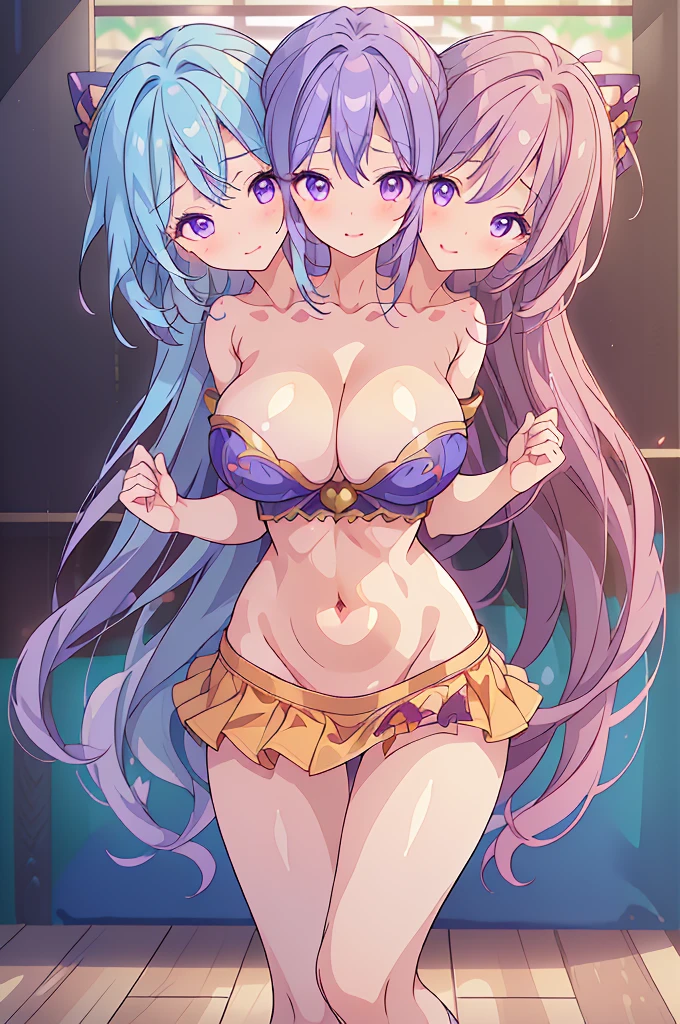(masterpiece, best quality),best quality, (ultra-detailed), (((3heads:1.5))), 1girl, (shion yorigami:1.3), three heads, three headed girl, masterpiece, (high quality), (high resolution), (best quality:1.5, highres, UHD), highres, absurdo, ultra detail, ultra quality, ultra resolution, gray top, crop top, ((stomach)), midriff, ((groin)), blue semi-transparent skirt, normal ears, shackles, purple hair, very long hair, wavy hair, curly hair, smiling, blue eyes, very detailed eyes, parted lips, blue ghost-like tail, sweat, cute, toned belly, hand on own chest, eyelashes, (24 year old woman:1.3), (masterpiece:1.5), (best quality:1.5), (beautiful detailed), extremely detailed CG, extremely delicate and beautiful, depth of field, (finely detailed face), (perfect details:1.2), (mature female:1.3), wide pelvis, slender, large veiny breast, 16k resolution, highres very high quality, very high definition, extremely detailed, masterpiece, purple hair, long hair, alluring presence, smiling, short skirt, close up, very big tits, huge breasts, young, 3heads, girl with three heads, three headed girl,