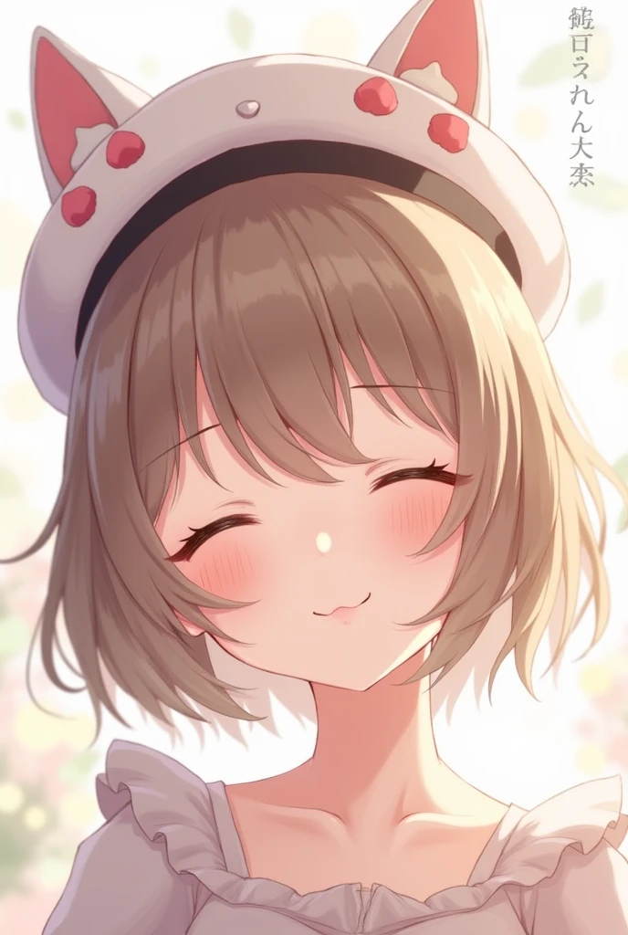 Female character with short hair with bangs, light brown hair color, closed eyes and a beret with white cat ears and pastel pink strawberry decorations