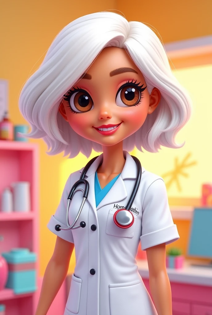 Barbie cartoon brown eyes ,female doctor with short white hair to shoulders ,with the name of GRACE Anayancis  ,embroidered on his robe on one side 