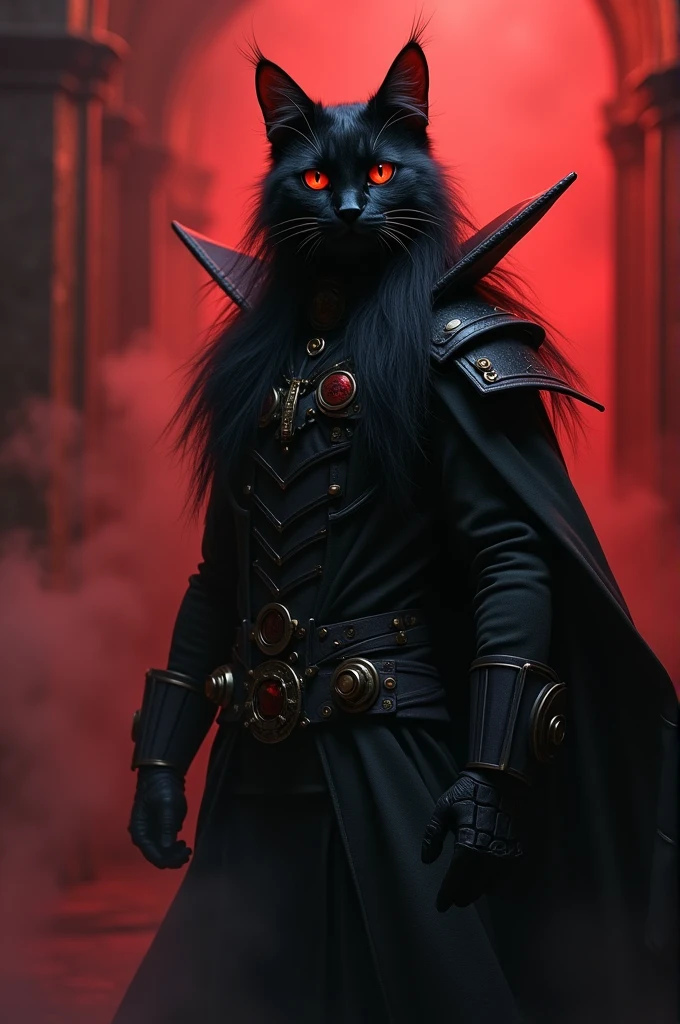 Chat noir à poils longs steampunk sur fond rouge et noir gothique avec effet de fumée