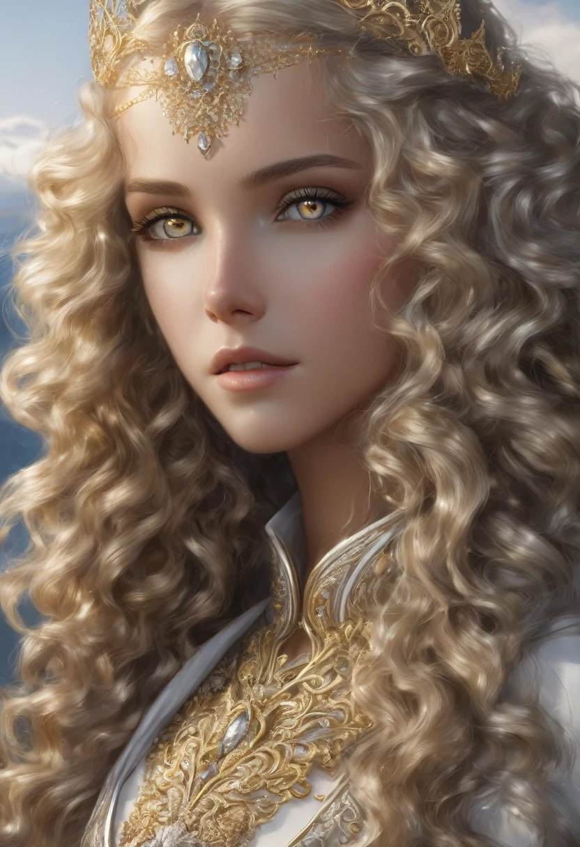 Curly blond hair, gold eyes, silver princess