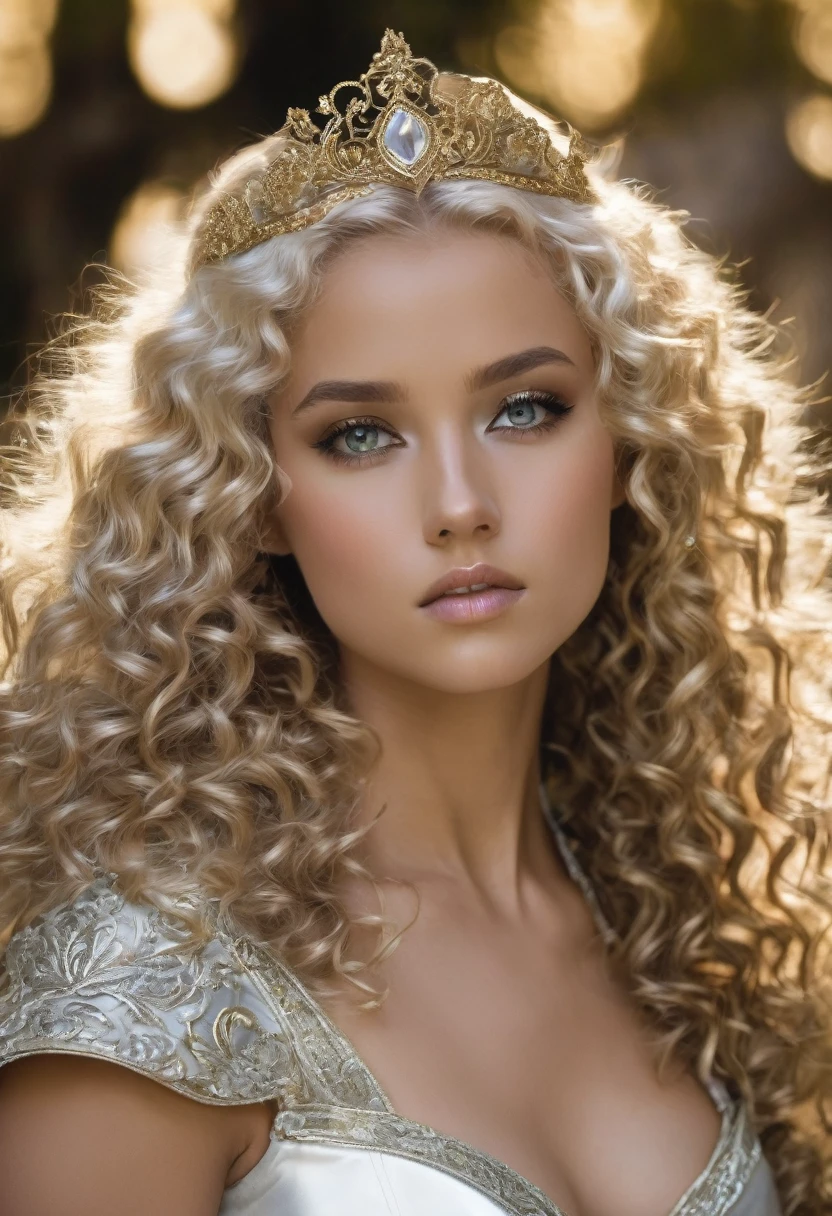 Curly blond hair, gold eyes, silver princess