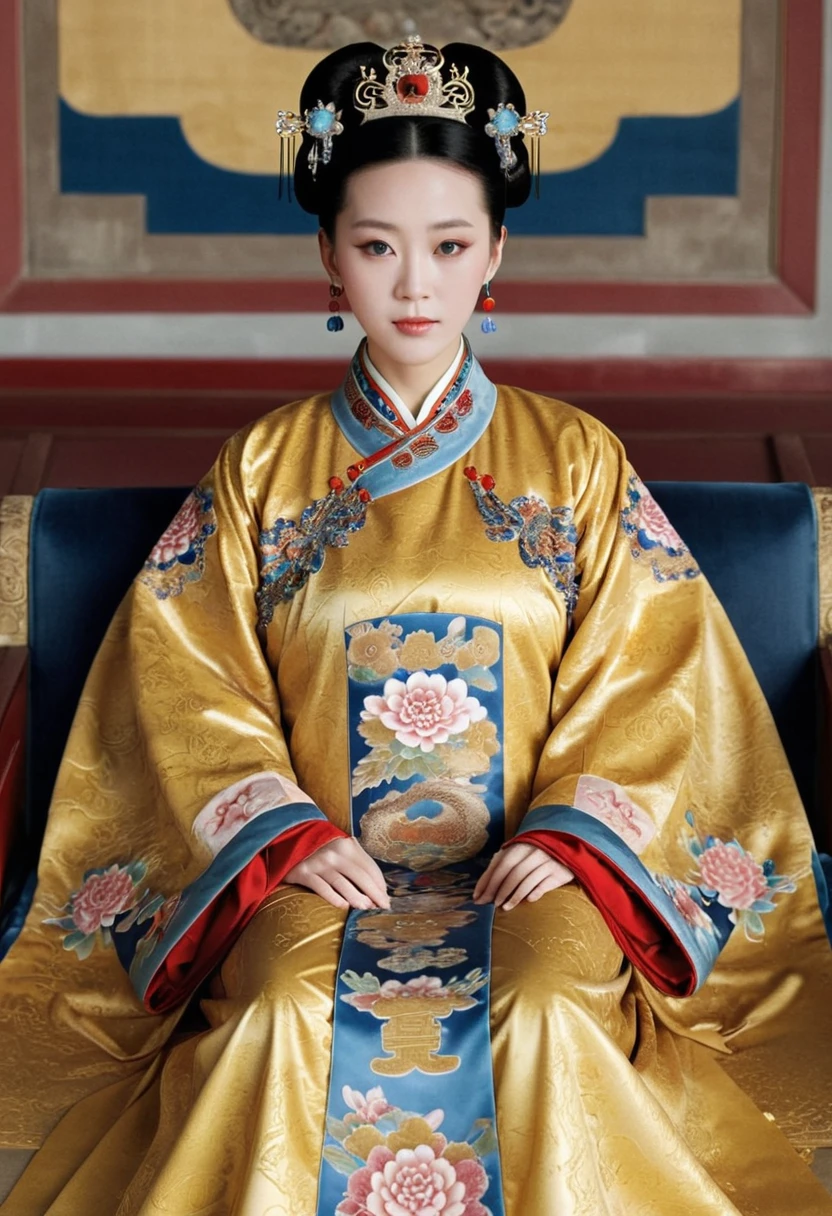 From before the Qing, The Empress sits naked on a golden sofa in the palace, Her eyes are wide open, Her legs were spread, big naked breasts. At the Chinese court during the Qing Dynasty, Empress of the Qing Dynasty, Empress of China, Wearing a large crown, When viewed from below, the abdomen and thighs are visible..。She is completely naked, Showing off gorgeous large flowers and hairpins, She tied her hair up and pulled it up, 背景はEmpress of the Qing Dynastyの豪華な宮殿.