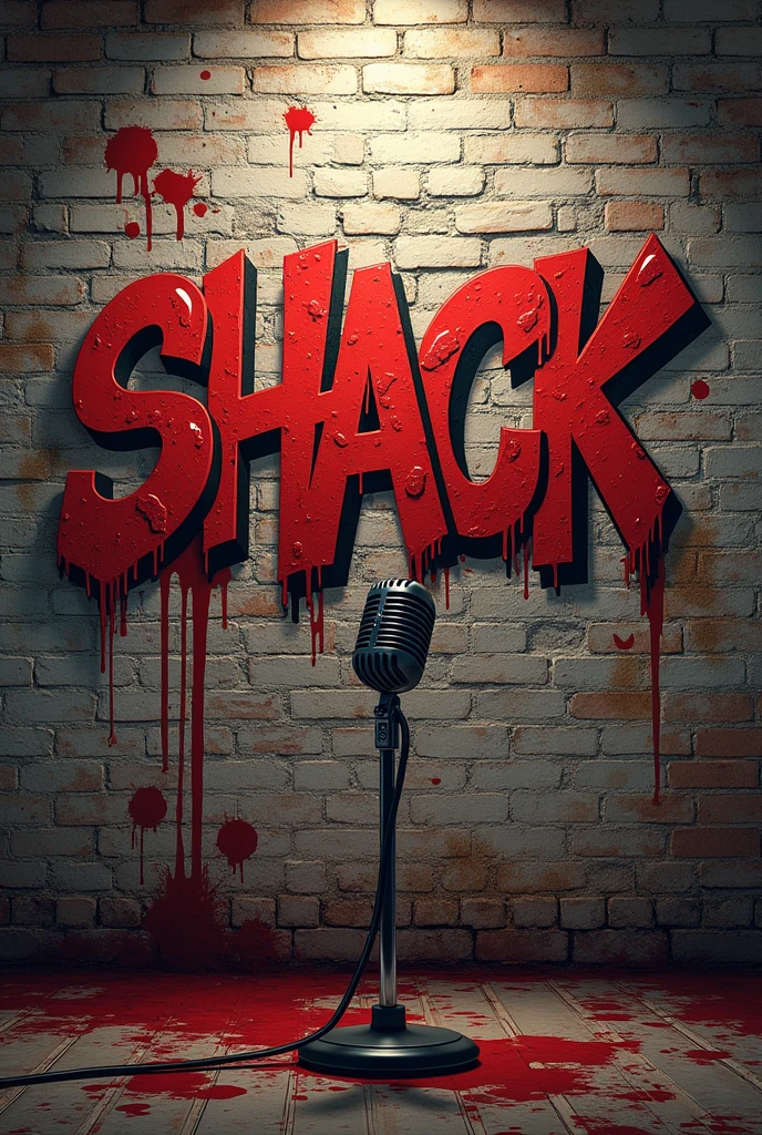 Brick wall with graffiti written on it " Shack " with blood splatters and a microphone