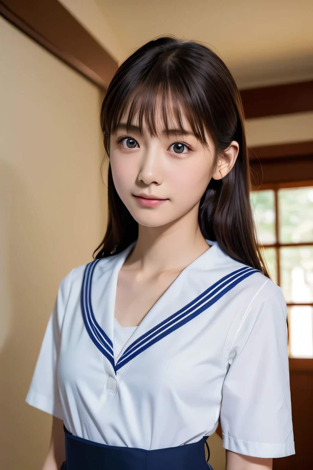 beautiful girl, 14 years old, (Highest quality:1.4), (Very detailed), (Very detailed美しい顔), sit, avert your eyes, smile, School uniforms, Short-sleeved sailor suit, Great face and eyes, iris, Medium Hair, The Beauty of Japan, (Skinny body type:1.3), (Flat Chest:1.3), Smooth, Very detailed CG synthesis 8k wallpaper, High-resolution RAW color photos, Professional photography, Light, BackLight, dream-like, impressive, Written boundary depth, Washroom, (Shooting from below:1.5)