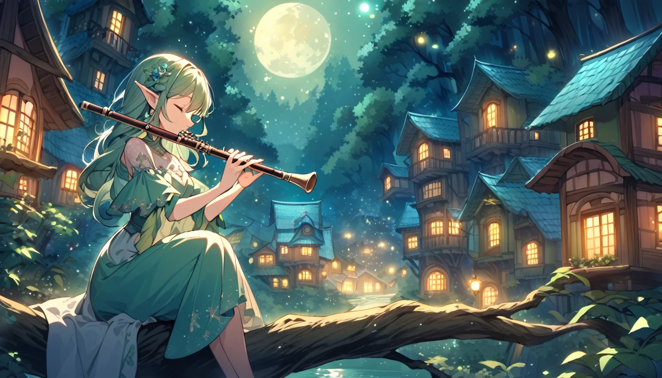 Anime Elf girl playing a flute, From diagonally profile, solo, magical atmosphere, panoramic fantasy night landscape, winding streets illuminated by moonlight, she wear long outfit ,Her eyes closed, (((From diagonally left behind))), solo, Elf girl playing flute while sitting gracefully on a tree branch. panoramic fantasy night landscape, (((charming European houses in the forest)))