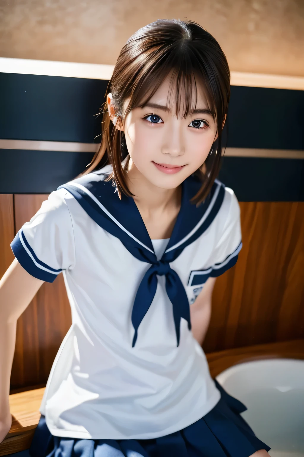 beautiful girl, ************, (Highest quality:1.4), (Very detailed), (Very detailed美しい顔), sit, avert your eyes, smile, School uniforms, Short-sleeved sailor suit, Great face and eyes, iris, Medium Hair, The Beauty of Japan, (Skinny body type:1.3), (Flat Chest:1.3), Smooth, Very detailed CG synthesis 8k wallpaper, High-resolution RAW color photos, Professional photography, Light, BackLight, dream-like, impressive, Written boundary depth, Washroom, (Shooting from below:1.5)