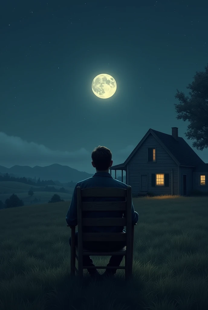 Image of a man sitting at night in front of an agricultural farmhouse with a radio in the window admiring the moon