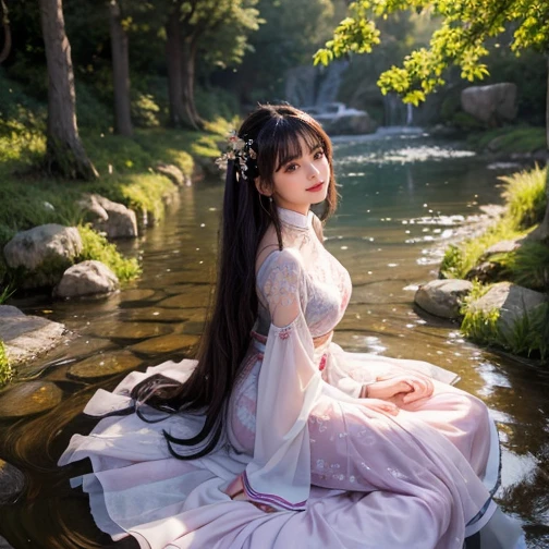 best quality, Delicate face,beautiful visual work, lifelike, eternity, black hair, Long curly hair, blunt bangs, Smile, Detailed Background, Delicate face,blush,cold,((masterpiece))、(top quality)、8k、high detail、Super detailed,21 years old female,Wearing Tang Dynasty Hanfu、waist skirt, Clothes are light and fluffy,Hanfu, wide sleeves, Transparent sleeves, Tunic, Clothes made of chiffon, Seductive and whimsical style、masterpiece、born、Scenes resembling fairy tale illustrations、Intricate details and complex designs、Beautifully、magic、capricious、 Beautifully、Dream aesthetics、「𝓡𝓸𝓶𝓪𝓷𝓽𝓲𝓬、ethereal、charming、fickle、magic」、Realism、Visual effects、FXAA、SSAO、Shaders、voiceless、ambient lighting、Tone mapping、High resolution、Ultra high quality、Million pixels、(8K resolution:1.10)、8k、Below 8K、8K resolution、high detail、intricate details, (high quality:1.2、masterpiece:1.2、:1.21)、(21 years old female:1.21)、(Smile excitedly)、(Surrounded by a dream-like atmosphere、Model diagram,full-body shot,Normal 2 feet,Put your hands behind you,The protrusion of the breast is visible when wearing clothes, Large Breasts, H cup chest, antiquity, Xian Xia, gauze clothes, Soft and fluttering, Fairy, dream, fantasy, light, elegant, nature, Immortal, romantic, classical, ribbon, light purple clothes, By the stream