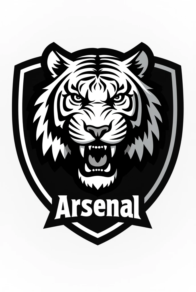 Create a logo of a white tiger's face for a football team. Make it a shield. Put a font that says: Arsenal