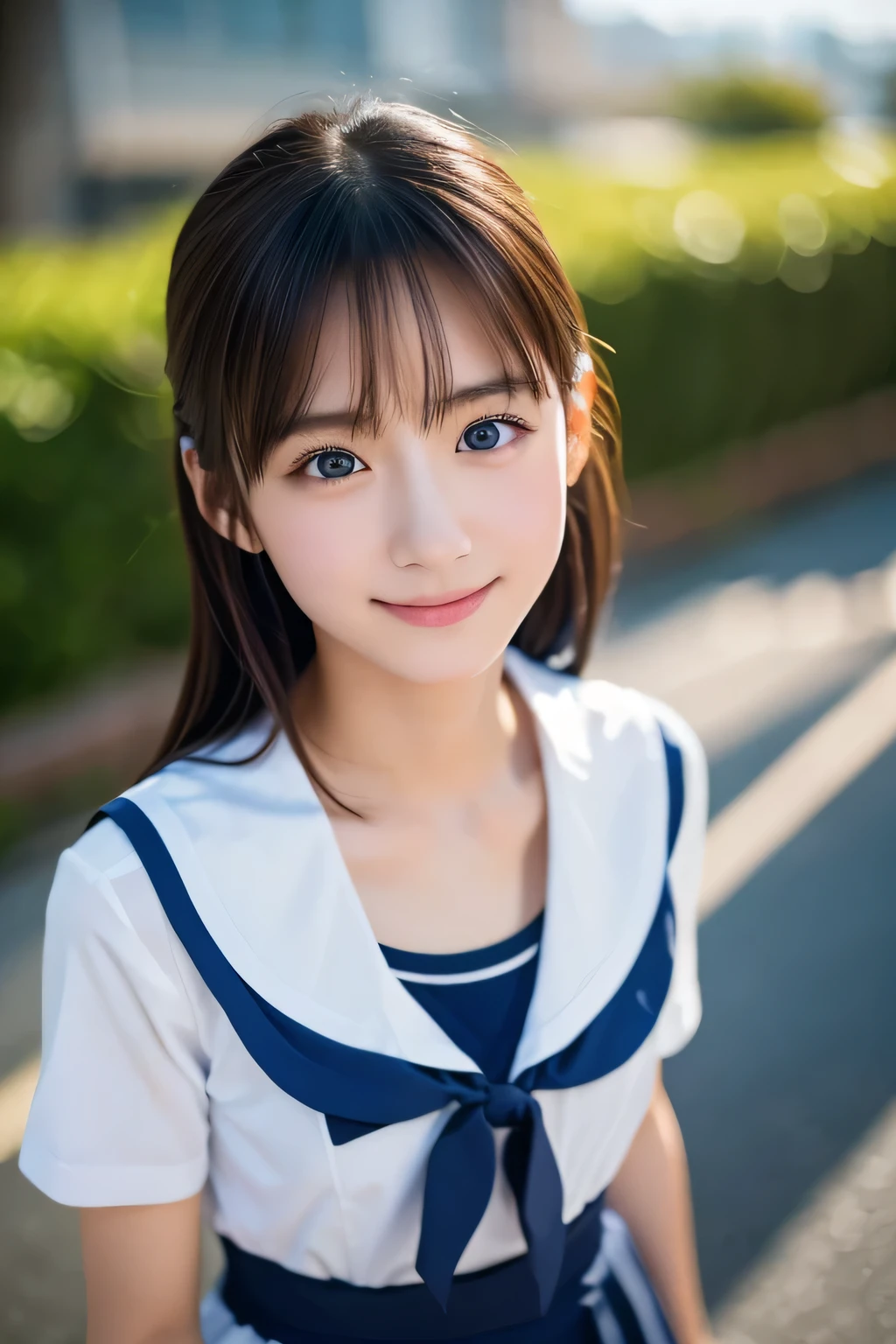 Running beautiful girl, 14 years old, (Highest quality:1.4), (Very detailed), (Very detailed美しい顔), sit, avert your eyes, smile, School uniforms, Short-sleeved sailor suit, Great face and eyes, iris, Medium Hair, The Beauty of Japan, (Skinny body type:1.3), (Flat Chest:1.3), Smooth, Very detailed CG synthesis 8k wallpaper, High-resolution RAW color photos, Professional photography, Light, BackLight, dream-like, impressive, Written boundary depth, School zone, (Shooting from below:1.5)