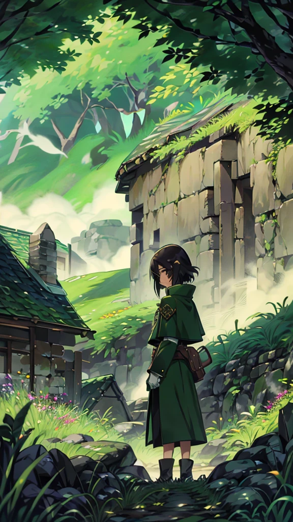 yuichiro hyakuya girl, (WithoutFear:1), 1 girl, black hair, green eyes, brown coat, gray armor, elves, sylvan, green shield, green cloak, dark brown gloves, forest, white fur trim, anime, standing, good quality, portrait, looking at viewer