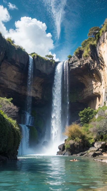 Fantasy、Different world、starry skies、Three moons、shooting star、milky way、colorful clouds、Different world、The ocean spreads out、Big waterfall、A waterfall flows from a floating island in the sky、Stairway to heaven、、Vast views、Wide-angle lens、View from the spaceship、Realistic Blurred Background 4K Full HD 60 FPS、Realistic Lighting