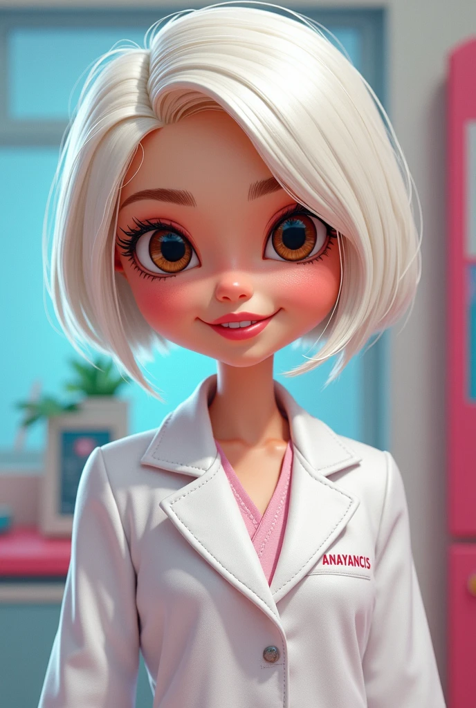 Barbie cartoon brown eyes ,female doctor with short white hair to shoulders ,with the name of ANAYANCIS  ,embroidered on his robe on one side 