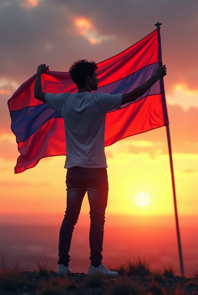 (I want you to make someone looking at the horizon with their flag that says Insane FC in red and blue stripes