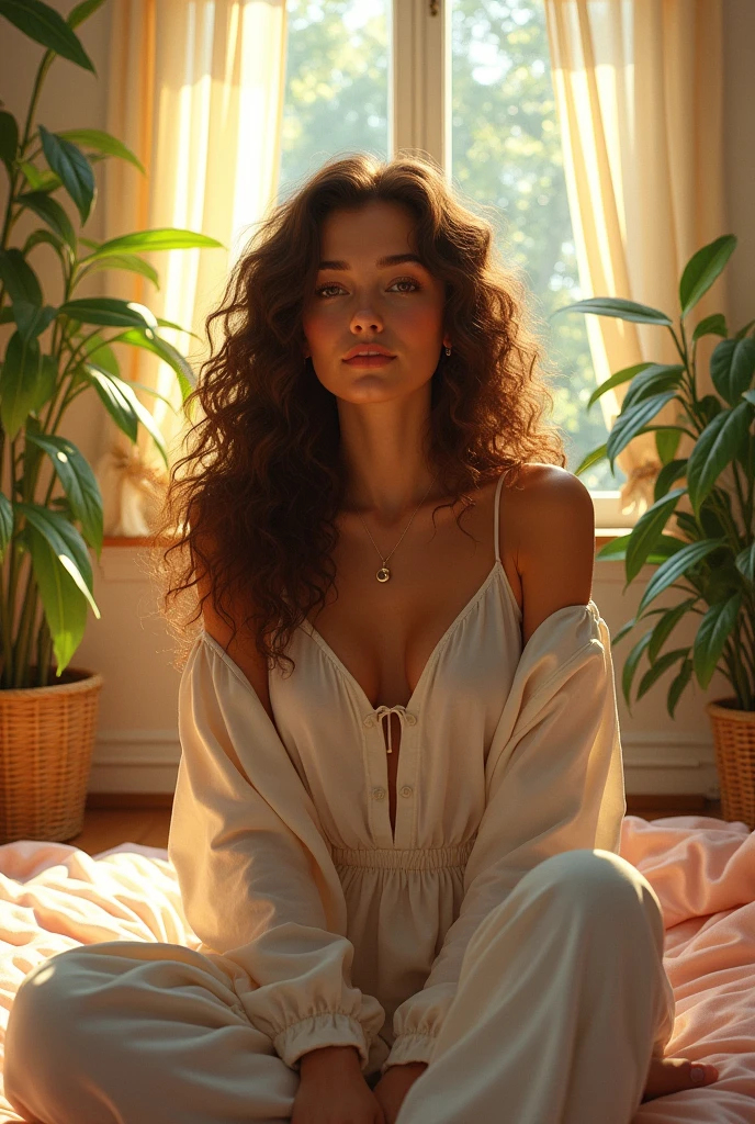 (photorealism:1.2), beautiful woman, sitting on bed, wearing loose off-shoulder top, pajama pants, long curly hair, indoors, soft lighting, plants in background, window with sunlight, cozy room, relaxed pose, realistic, intricate details, warm colors, by Greg Rutkowski, by Alphonse Mucha