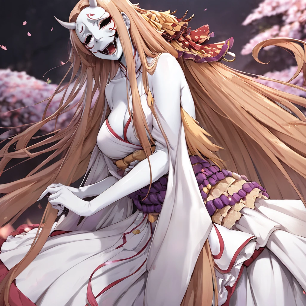 ((Highest quality)), ((masterpiece)), (detailed), （Perfect Face）、The woman in the Hannya costume is Yuuki Asuna, with light brown, semi-long hair and a Hannya mask covering her entire face, and her whole body is pure white skin.、The woman is in the state of Hannya in both body and mind, and her face is completely Hannya.、The woman is wearing a sexy, alluring, and provocative outfit, adorned with accessories.、The woman is embracing and snuggling with the leader of the Prajna Party.、The woman became the wife of the leader of the Prajna Party and the couple became a loving couple.