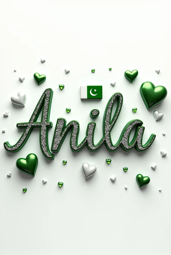 A captivating 3D anime-inspired artwork set against a pristine white background, masterfully capturing the essence of love and appreciation for "Anila" The name is written in elegant swirling typography, adorned with silver and diamonds in green, and white, highlighting the first letter and exuding luxury and sophistication. A Pakistani flag symbolizing freedom and elegance is prominently displayed. Surrounding the name are three metallic green And White hearts, creating a serene and enchanting atmosphere. Scattered throughout the design are white and green hearts, interspersed with diamonds, adding a romantic and visually stunning touch to this cinematic, vibrant, and visually stunning 3D render illustration. The artwork is a perfect blend of anime style, typography, and color, creating an eye-catching, vibr, illustration, vibrant, anime, typography, cinematic, poster, 3d render