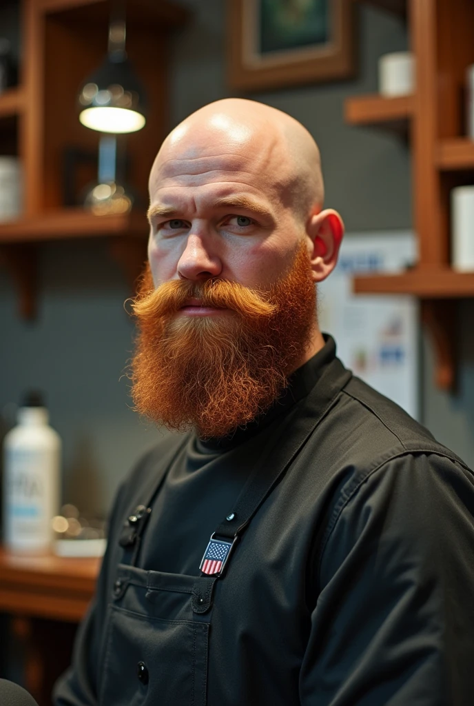 strong bald redhead man with thin beard hairdresser in his disney shaped barber shop