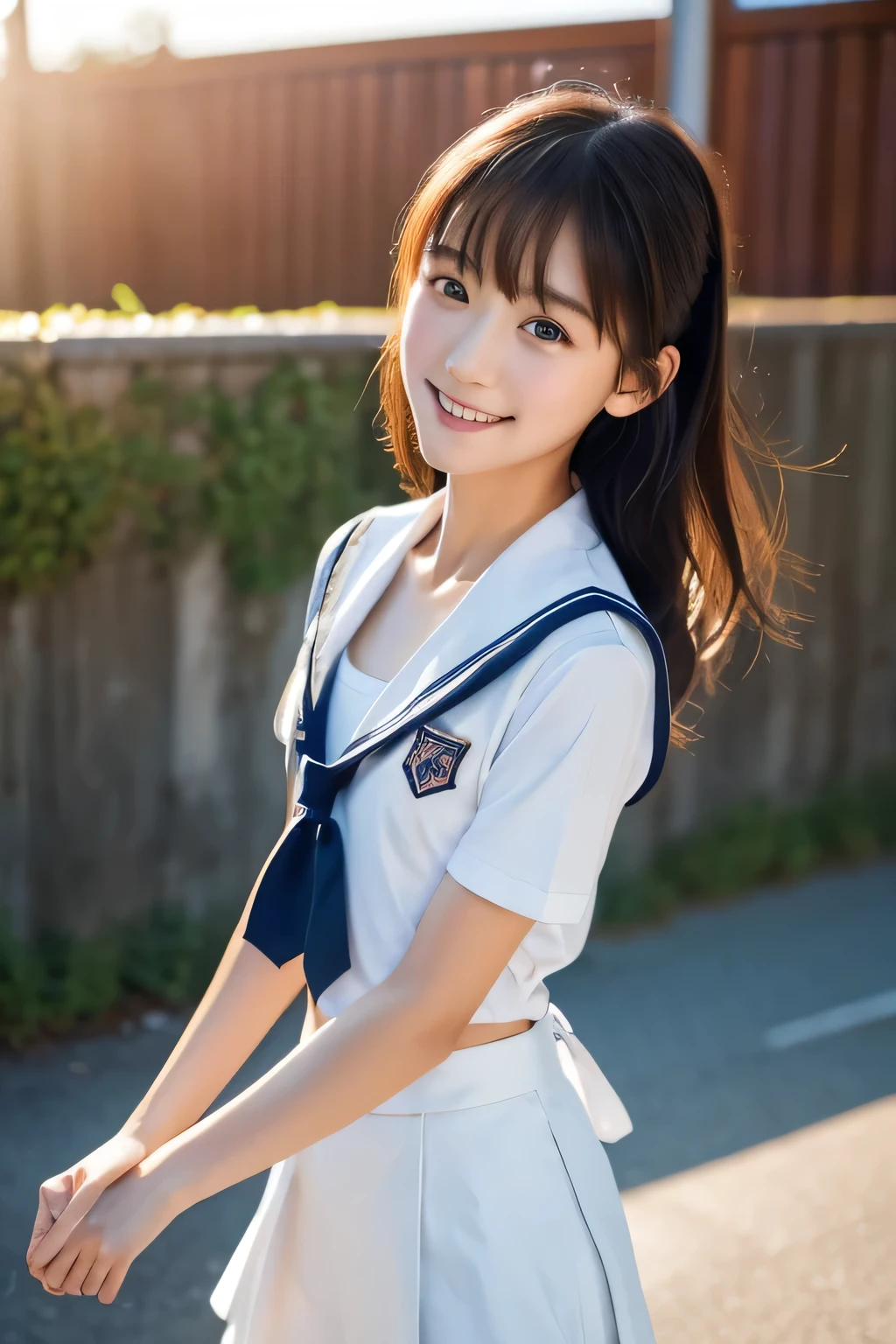 A beautiful girl running with a guitar case on her back., , (Highest quality:1.4), (Very detailed), (Very detailed美しい顔), avert your eyes, smile, School uniforms, Short-sleeved sailor suit, Great face and eyes, iris, Medium Hair, The Beauty of Japan, (Skinny body type:1.3), (Flat Chest:1.3), Smooth, Very detailed CG synthesis 8k wallpaper, High-resolution RAW color photos, Professional photography, Light, BackLight, dream-like, impressive, Written boundary depth, School zone, (Shooting from below:1.5)