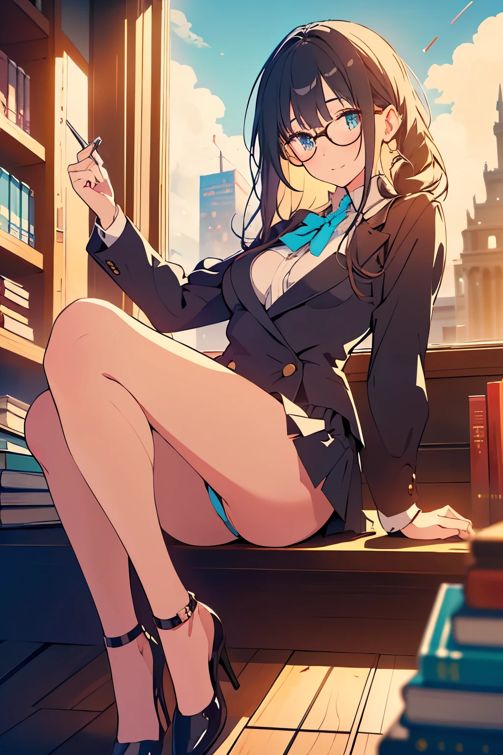 (Best Quality)), ((masterpiece)), (detailed), 1 girl, long black hair, defined nose, beautiful eyes, heeled shoes, library, turquoise blue eyes, jewelry chain, slim, big breasts, 25 years, beautiful legs, glasses, glasses redondos, medium breasts, slim, Bookshop, office suit, Office girl, Skirt, black clothes, black shoes, heeled sandals, books, White skin, discreet smile, ventana de evening, NSFW, Whole body, short girl. small stature. pink lips. head on. ((vista head on)) Ciudad de evening vista por la ventana, luz outfit. night, fullmoon, full moon night, evening