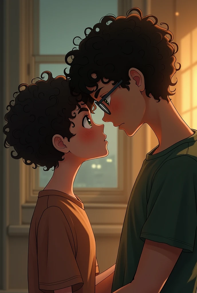 A short girl with short dark brown curly hair and skinny brown eyes next to a tall boy with dark brown curly hair and green eyes with glasses in a possessive, jealous and lustful environment