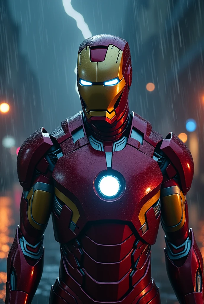 a detailed portrait of iron man in a photorealistic style, night scene, 8k, high quality, rain, thunder