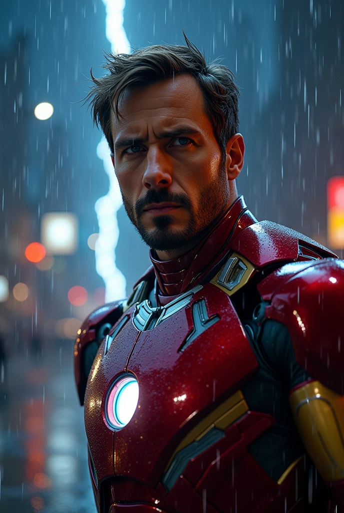 a detailed portrait of iron man in a photorealistic style, night scene, 8k, high quality, rain, thunder
