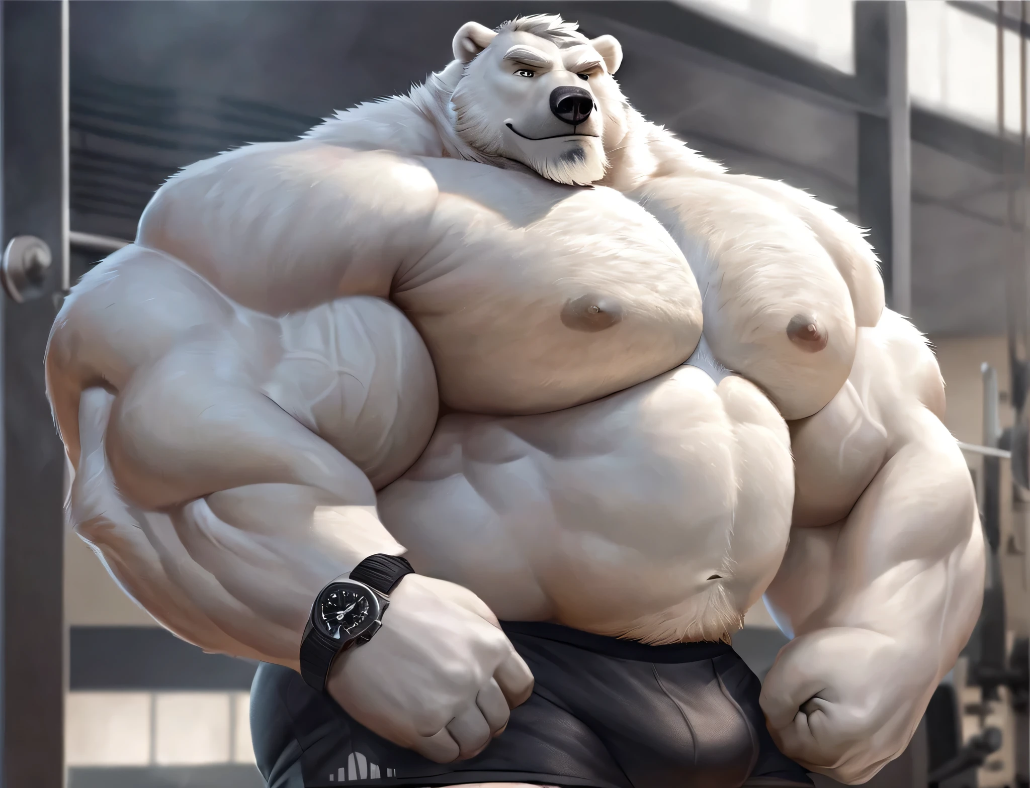 huge muscular polar bear Dad in big Gym, big smirk, polar bear, huge white fur, thick arm, huge arm, bearded. Short white hair and white beard, white mustache, bearded white, (muscular, pectoral, wide pectoral, thick arms), correct anatomy, gym, broad muscular veins, realistic, added grayish eyebrows, detailed eyes, 8k, masterpiece, (wearing black shorts, wristband, watch and shirtless), flexing his shoulders up massive muscles
