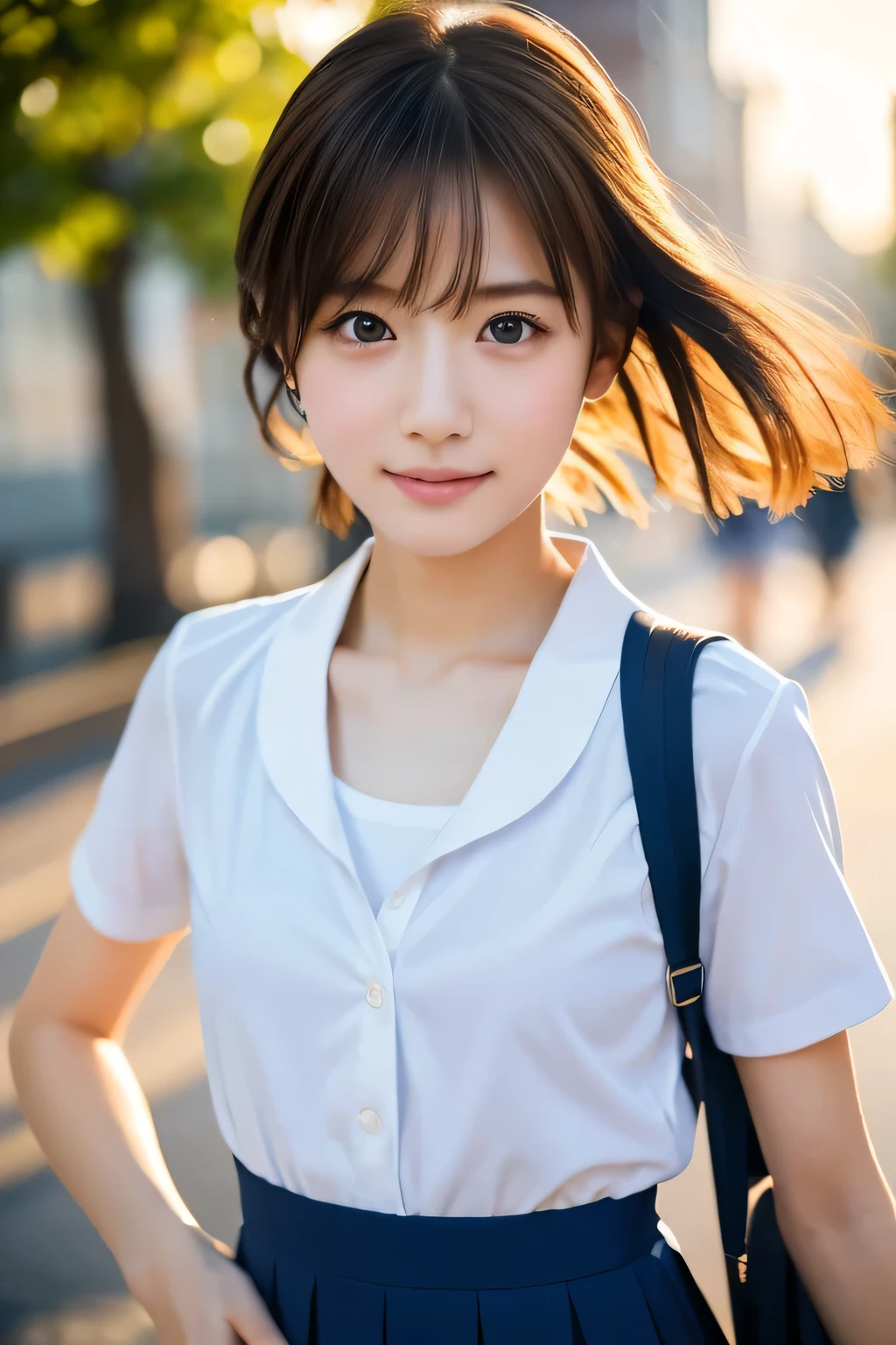 A beautiful girl running with a school-designated bag., , (Highest quality:1.4), (Very detailed), (Very detailed美しい顔), avert your eyes, smile, School uniforms, Short-sleeved sailor suit, Great face and eyes, iris, Medium Hair, The Beauty of Japan, (Skinny body type:1.3), (Flat Chest:1.3), Smooth, Very detailed CG synthesis 8k wallpaper, High-resolution RAW color photos, Professional photography, Light, BackLight, dream-like, impressive, Written boundary depth, School zone, (Shooting from below:1.5)