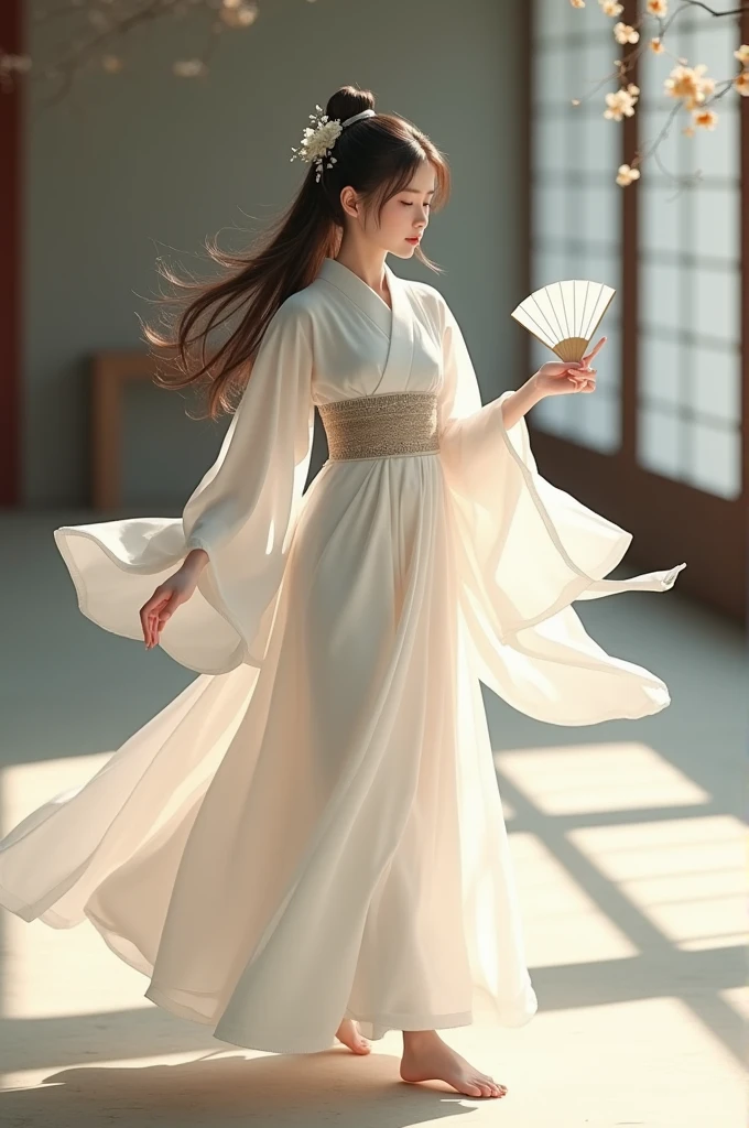 Japanese girl in white long-sleeved isshou shirt,white skirt, who is dancing, holding a white fan,hasil HD