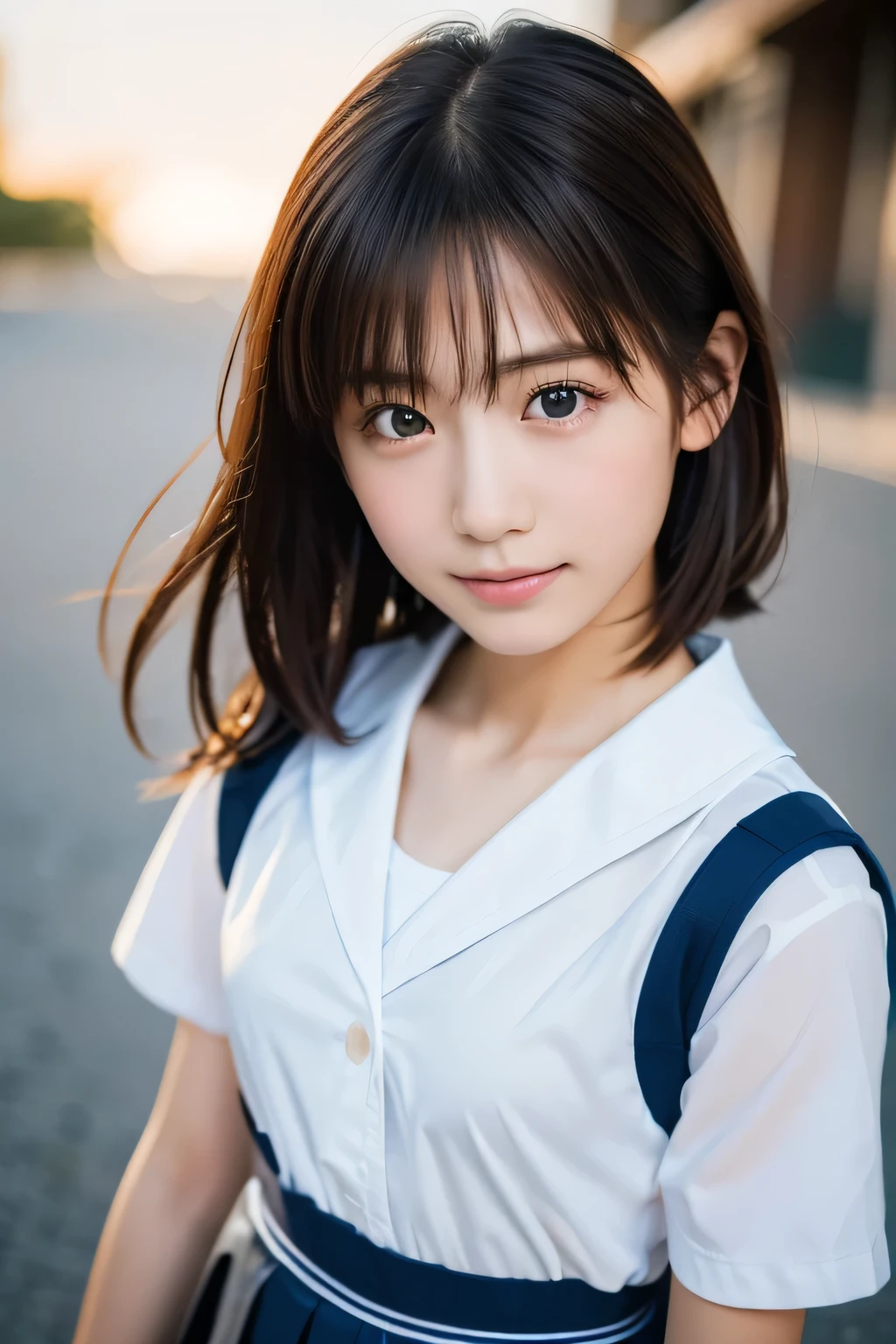A beautiful girl with a school-designated bag, 14 years old, (Highest quality:1.4), (Very detailed), (Very detailed美しい顔), avert your eyes, smile, School uniforms, Short-sleeved sailor suit, Great face and eyes, iris, Medium Hair, The Beauty of Japan, (Skinny body type:1.3), (Flat Chest:1.3), Smooth, Very detailed CG synthesis 8k wallpaper, High-resolution RAW color photos, Professional photography, Light, BackLight, dream-like, impressive, Written boundary depth, School zone, (Shooting from below:1.5)