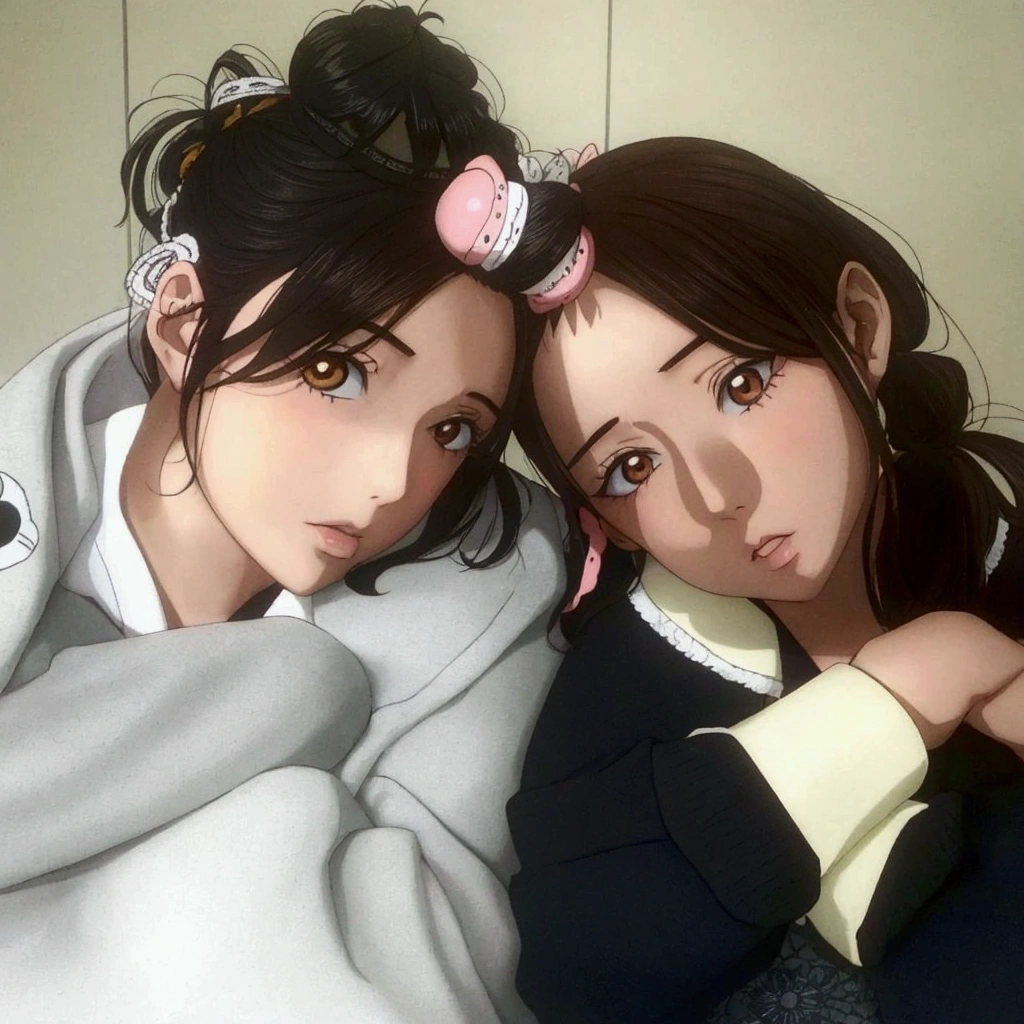 one piece style, there are two girls that are laying down together with their hair in a ponytail, ulzzang, with same hairstyle, twintails hairstyle, nixeu and sakimichan, yoshitomo nara and aya takano, with cute - fine - face, two girls, profile pic, with a twin, two pigtails hairstyle, sakimichan, jinyoung shin