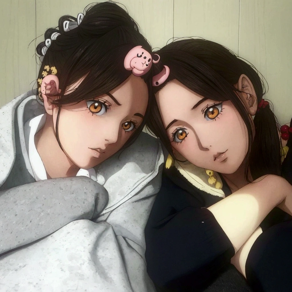one piece style, there are two girls that are laying down together with their hair in a ponytail, ulzzang, with same hairstyle, twintails hairstyle, nixeu and sakimichan, yoshitomo nara and aya takano, with cute - fine - face, two girls, profile pic, with a twin, two pigtails hairstyle, sakimichan, jinyoung shin