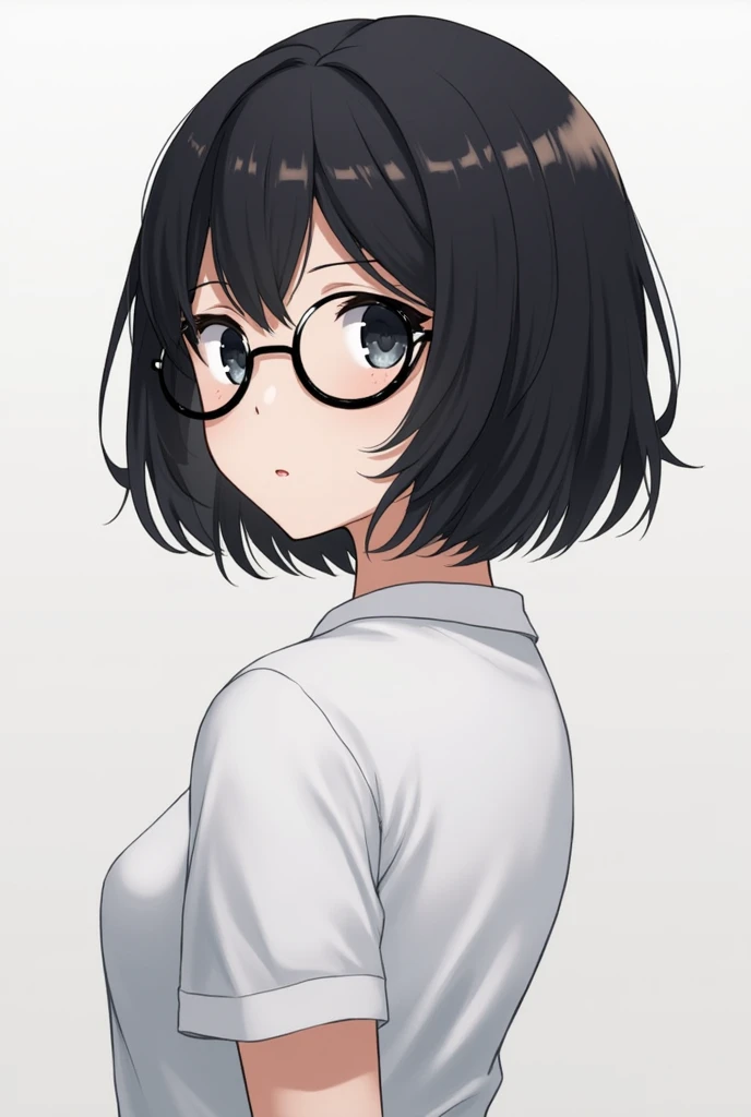 Beautiful girl with short, shoulder-length, black hair, wearing round black glasses, standing with her back turned.