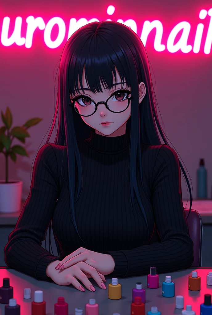 piss cover, very long straight black hair, big black eyes, long eyelashes, with glasses, with neon letters that say kurominails, manicurist dressed in black, on a table with many enamels, anime