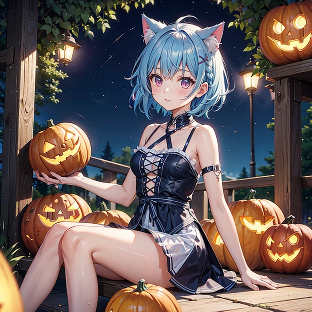 (Sky blue hair),(Braided short hair), (Pink Eyes),Fair skin) ,(whole body),(One Girl),(There are lots of pumpkin ghosts in the background),Cat ear,Cat&#39;s Tail,(Sailor suit),(Bruises and ugly faces),(Fall into Darkness),If you don't give me sweets, I'll play a prank on you.),(Halloween Night Party),(masterpiece, Highest quality, Very detailed, Best Shadow), (Detailed Background), (Beautifully detailed face), High Contrast, (Best lighting, Very delicate and beautiful), ((Cinematic Light)), Hyper Detail,8k, Dramatic Light, Intricate details,night,(Bats flying in the background),High quality