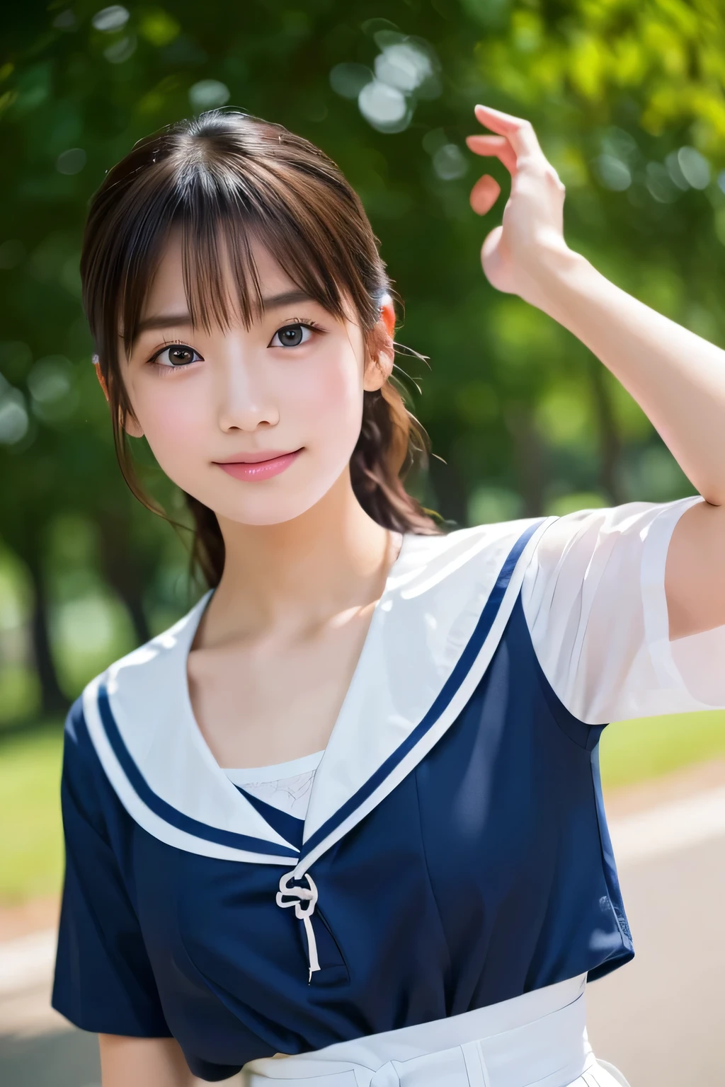A beautiful girl with a school-designated bag, , (Highest quality:1.4), (Very detailed), (Very detailed美しい顔), avert your eyes, smile, School uniforms, Short-sleeved sailor suit, Great face and eyes, iris, Medium Hair, The Beauty of Japan, (Skinny body type:1.3), (Flat Chest:1.3), Smooth, Very detailed CG synthesis 8k wallpaper, High-resolution RAW color photos, Professional photography, Light, BackLight, dream-like, impressive, Written boundary depth, School zone, (Shooting from below:1.5)