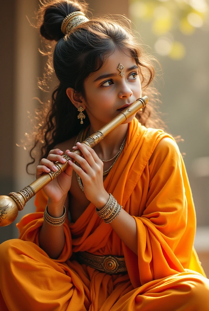 Lord Srikrishna with flute in orange color 
