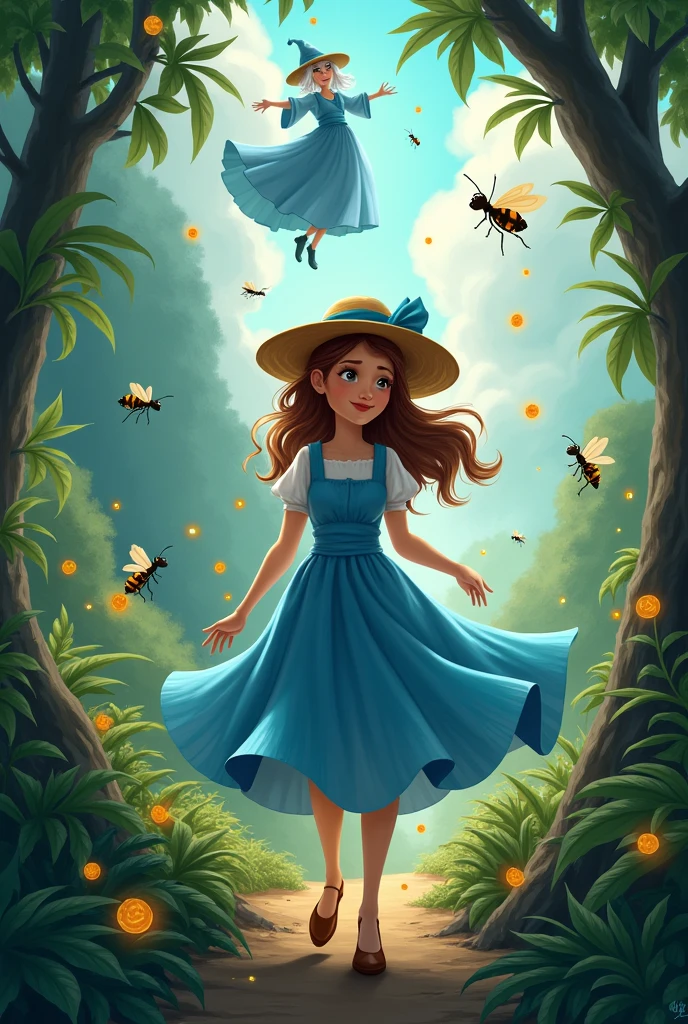 the  in the blue long dress, with long brown hair, round hat with the blue ribbon is walking happily at the jungle with ant, bee and firefly. There is also a old witch at the sky
