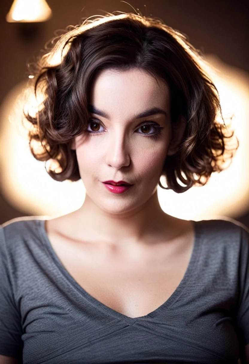 solo focus, a woman lying on her back, loose band V-neck t-shirt, perfect cute face, dark hazel eyes, wavy dark french bob hair, looking at viewer, seductive, sexy pose, dramatic lighting, desaturated background, bokeh, dark theme, soothing tones, depth of field, dramatic backlighting, film grain