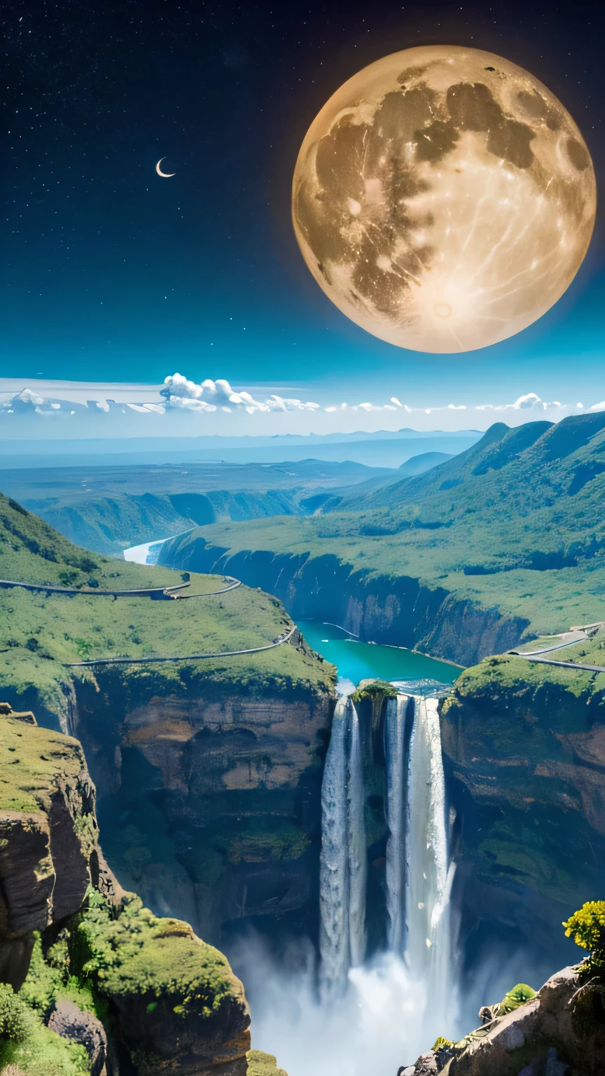 Fantasy、Different world、starry skies、Three moons、shooting star、milky way、colorful clouds、Different world、The ocean spreads out、Big waterfall、A waterfall flows from a floating island in the sky、Stairway to heaven、、Vast views、Wide-angle lens、View from the spaceship、Realistic Blurred Background 4K Full HD 60 FPS、Realistic Lighting