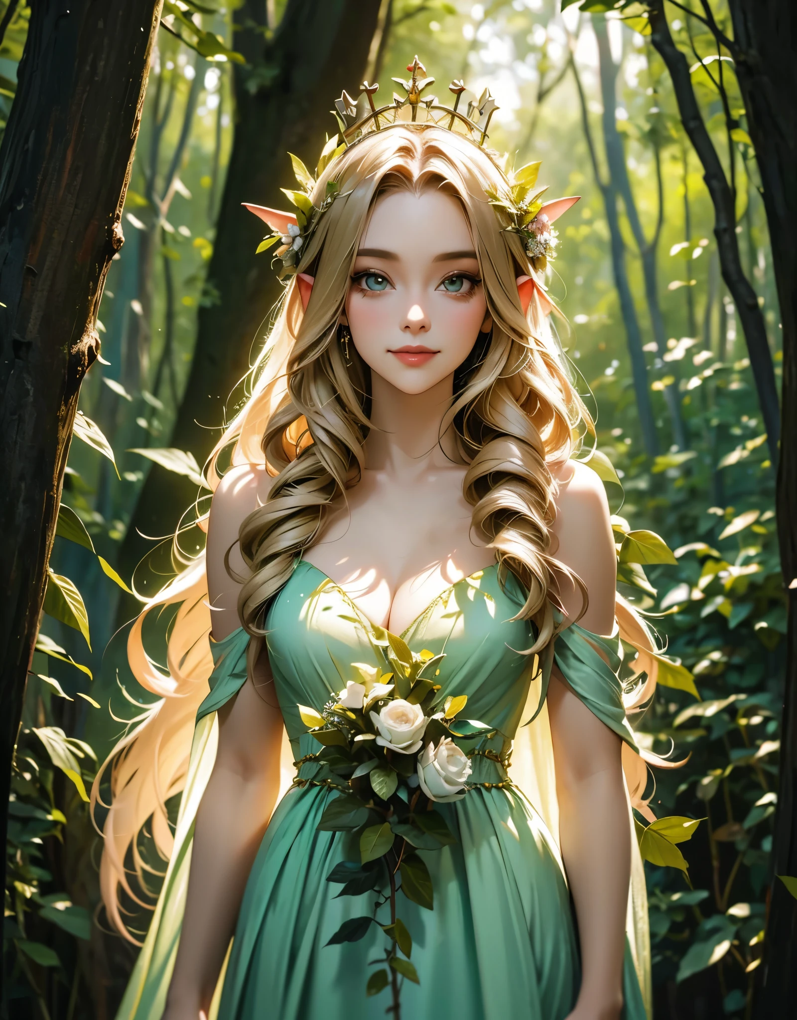 a painting of a woman in a dress standing in the woods, portrait of a fairy, forest fairy, fey queen of the summer forest, portrait of fairy, forest fae, smiling as a queen of fairies, fairy aesthetics, beautiful fairy, queen of the fairies, faerie, beautiful fairie, beautiful fairies, goddess of nature