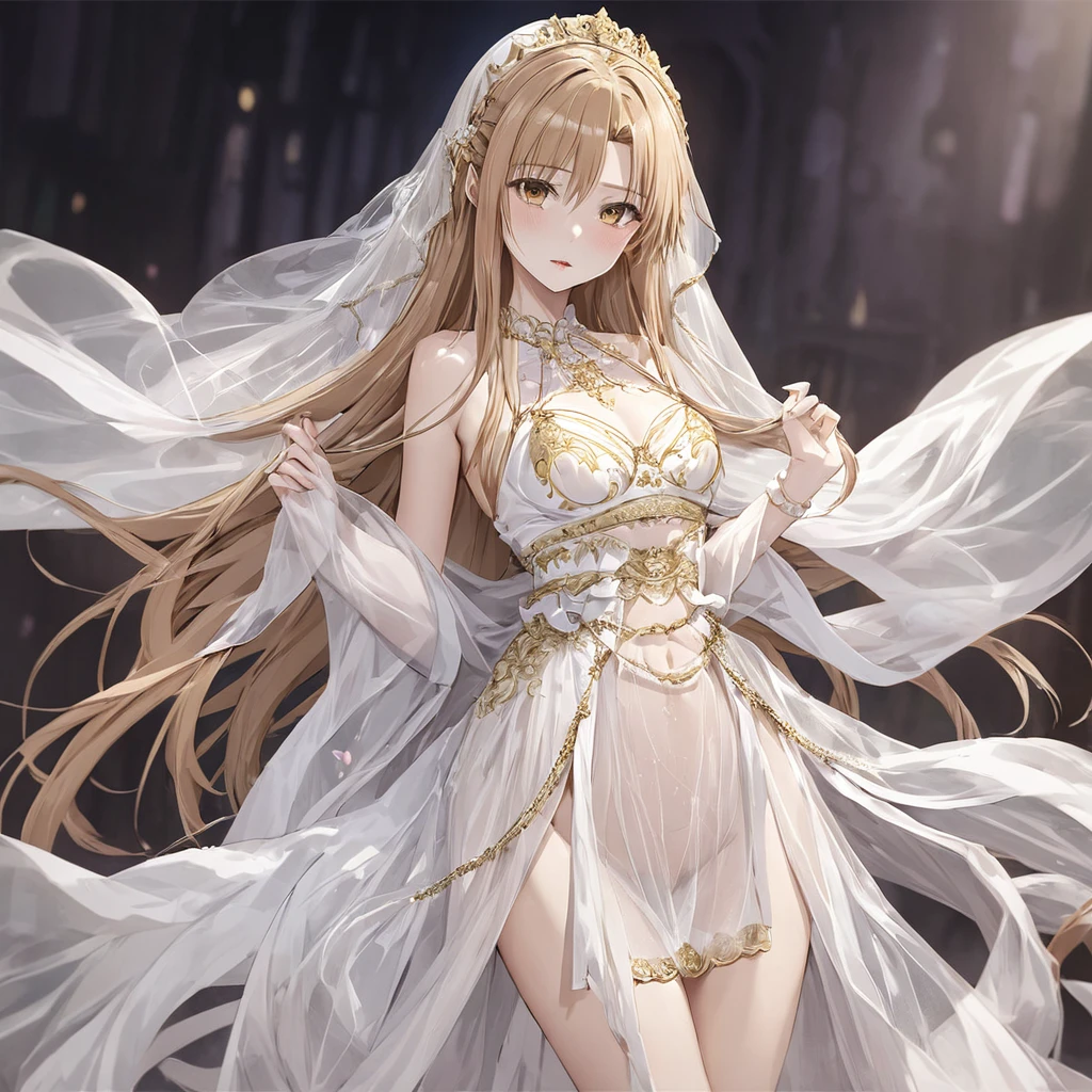 ((Highest quality)), ((masterpiece)), (detailed), (Perfect Face)、The woman has completely white skin and is wearing a creepy clown mask.、The woman is Yuuki Asuna, with light brown, medium-long hair, wearing a completely transparent outfit with gorgeous gold embroidery and trim, a veil, a transparent cape, and gorgeous accessories.、The woman is not wearing a bra、The woman is not wearing underwear