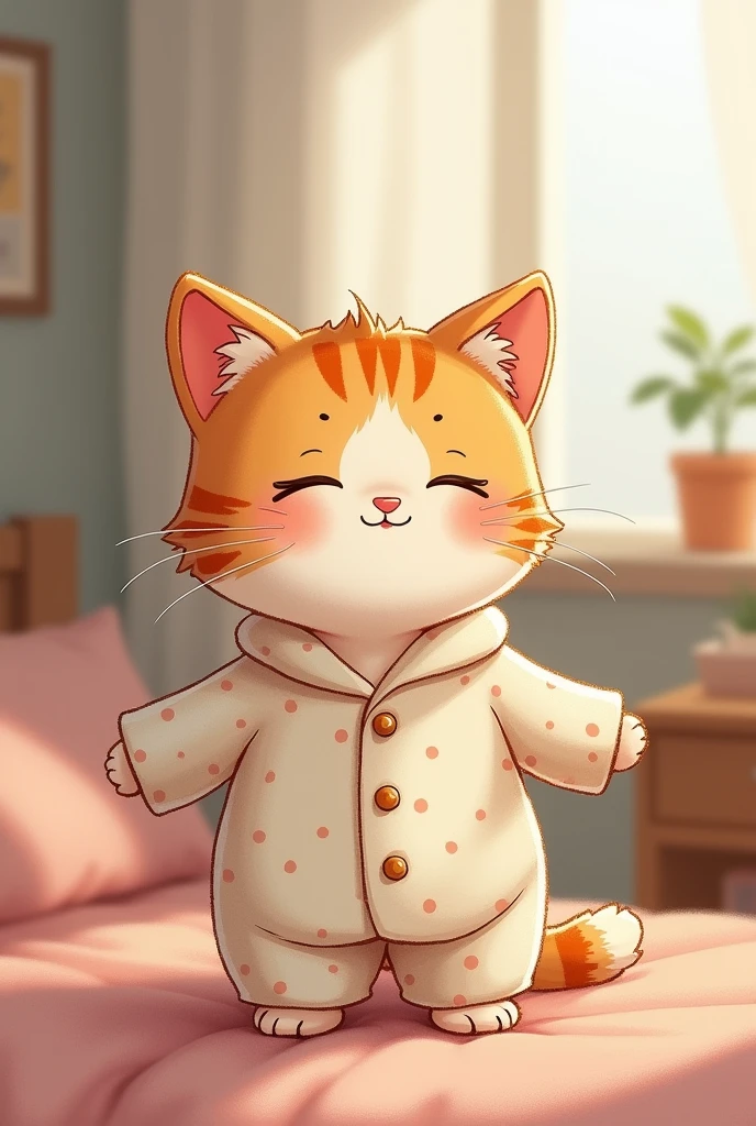 Create an animated illustration of a cat wearing pajamas, like to make a print